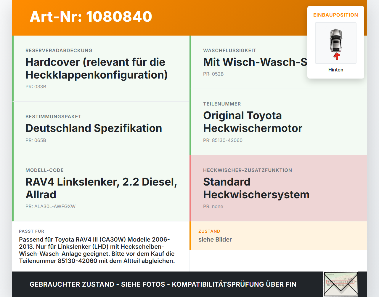 Toyota RAV4 III CA30W 06-13 Wischermotor Scheibenwischer Hinten Heckwischermotor Toyota RAV4 III CA30W 06-13... Vorschau 3