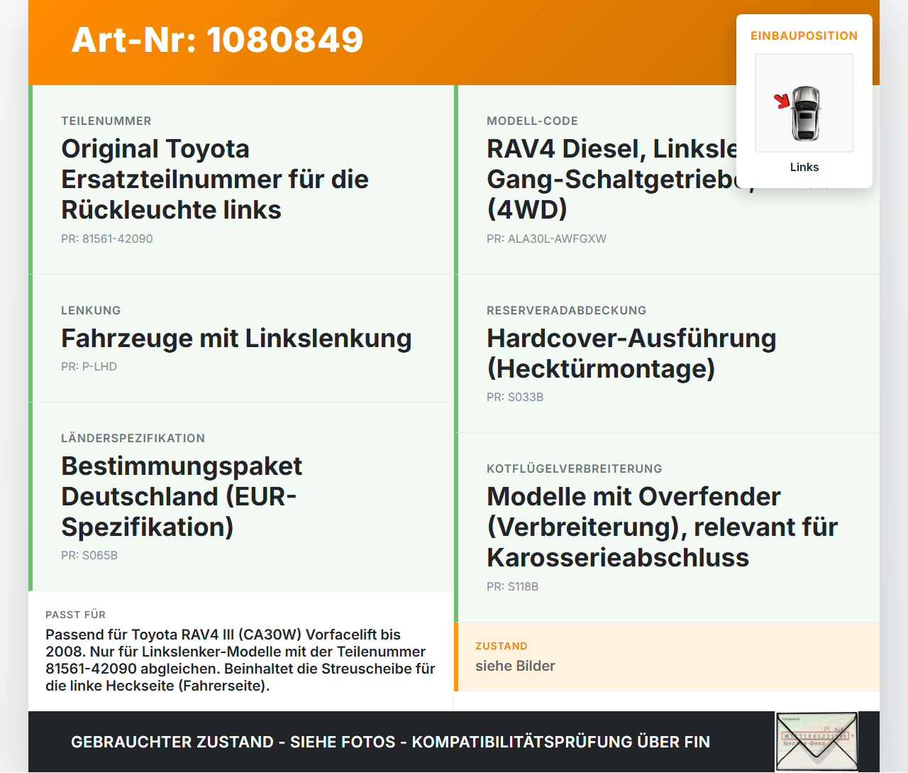 Toyota RAV4 III CA30W 06-13 Rückleuchte Rücklicht Heckleuchte Links orig Toyota RAV4 III CA30W 06-13 13.11.2006... Vorschau 3