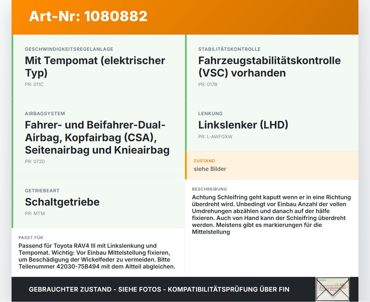 Toyota RAV4 III CA30W 06-13 Airbag Schleifring Wickelfeder Toyota RAV4 III CA30W 06-13 13.11.2006 42030-75B494 gebraucht Vorschau 3