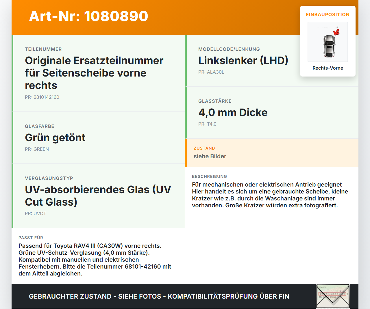 Toyota RAV4 III CA30W 06-13 RVK Seitenscheibe Tür Türscheibe Rechts Vorne Toyota RAV4 III CA30W 06-13 13.11.2006... Vorschau 3