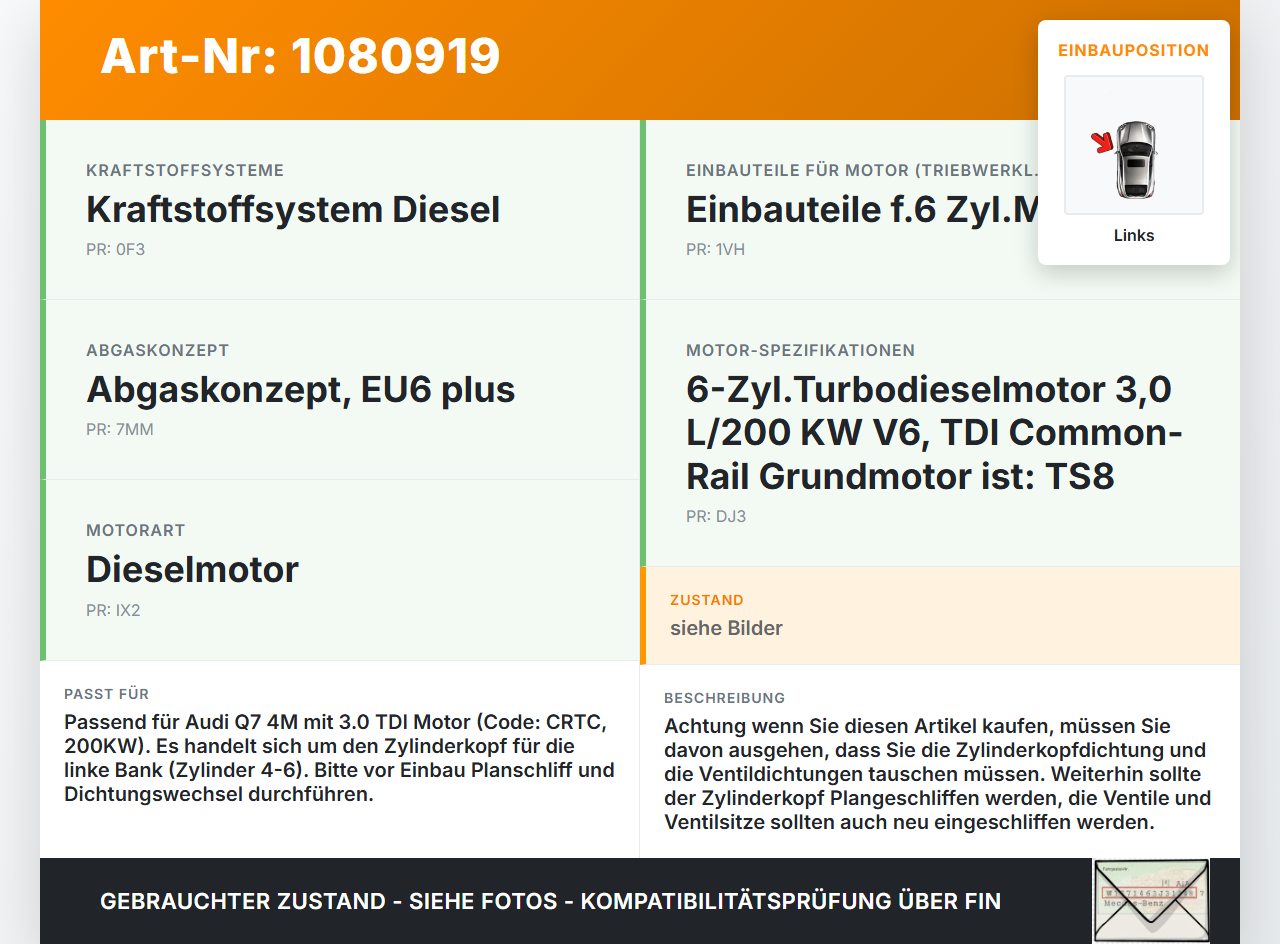 Audi Q7 4M 15-19 TDI 3,0 200KW CRTC Zylinderkopf Links 4-6 Audi Q7 4M 15-19 19.01.2016 gebraucht Vorschau 3
