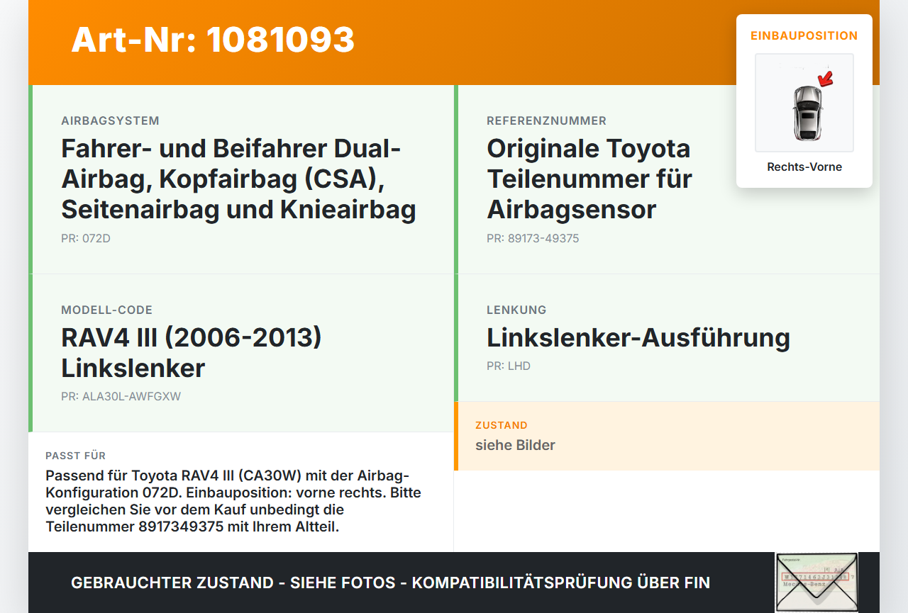 Toyota RAV4 III CA30W 06-13 Sensor Airbag Crashsensor Airbagsensor Rechts Vorne Toyota RAV4 III CA30W 06-13... Vorschau 3