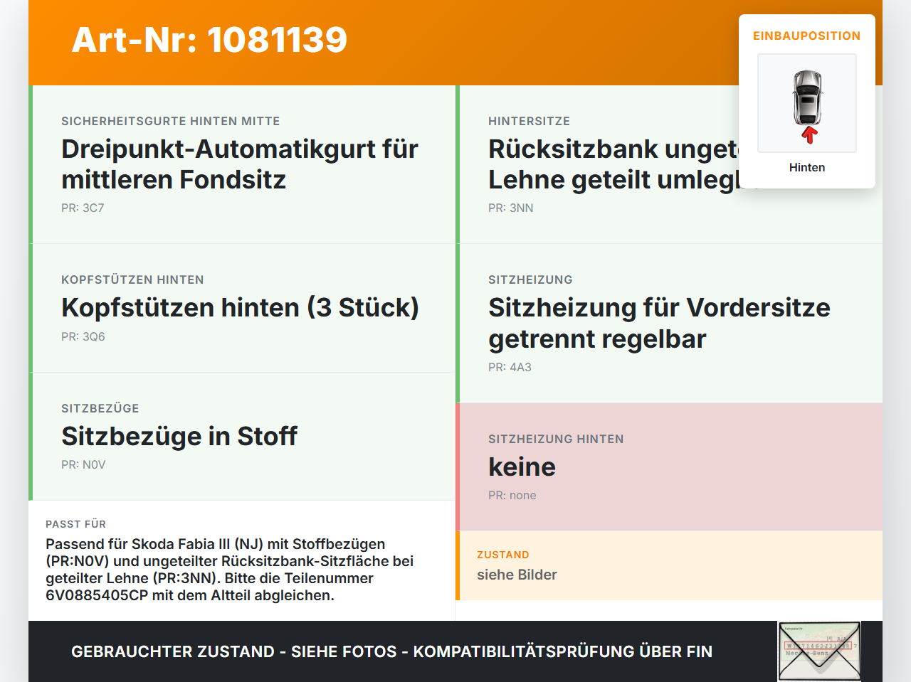 Skoda Fabia III NJ 14-18 5T Sitzbezug Sitzpolster für Rücksitzbank Hinten Skoda Fabia III NJ 14-18 22.01.2016... Vorschau 3