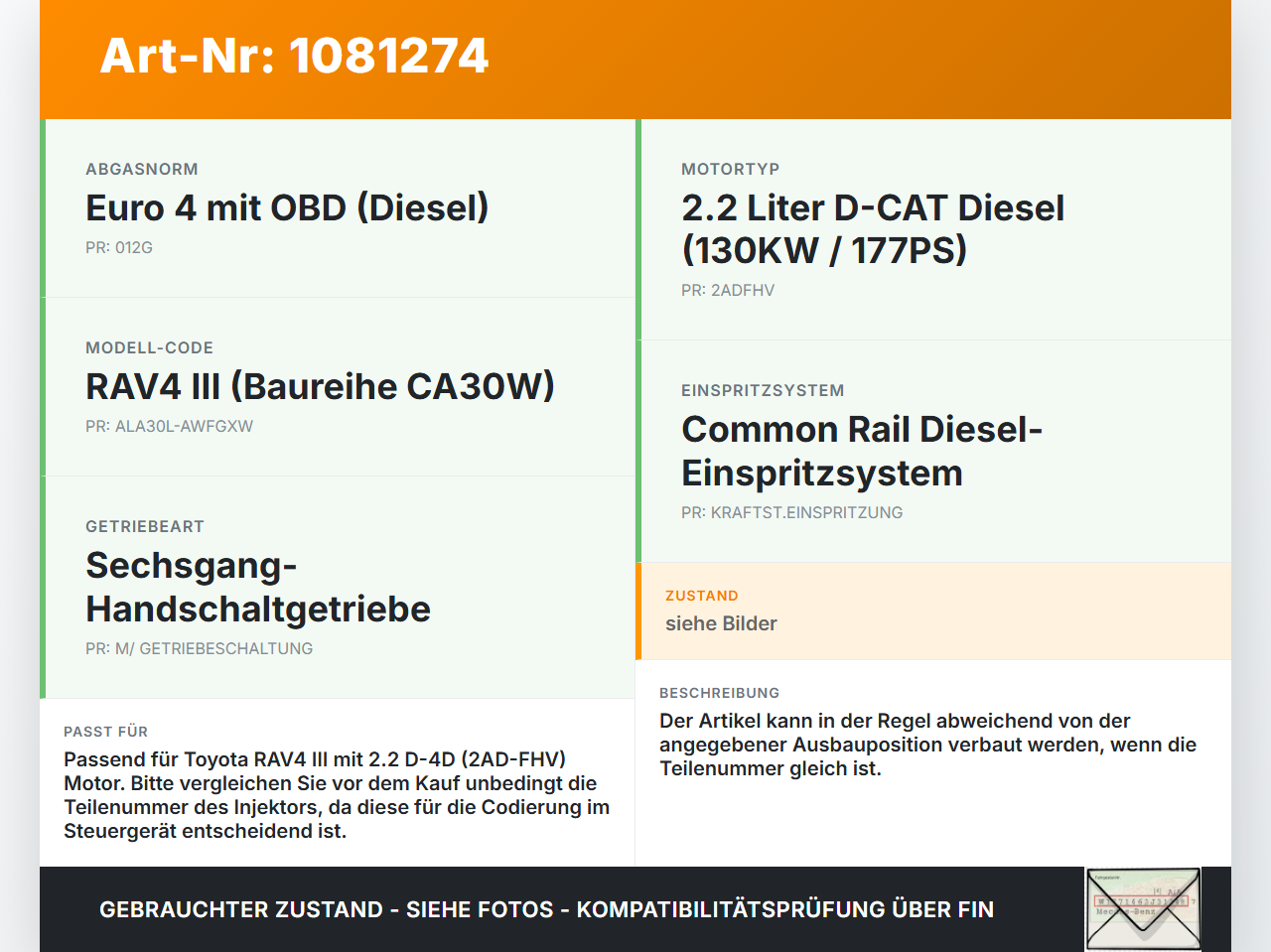 Toyota RAV4 III CA30W 06-13 D-4D 2,2 130KW Injektor Einspritzdüse Zyl.2 Toyota RAV4 III CA30W 06-13 13.11.2006 gebraucht Vorschau 3