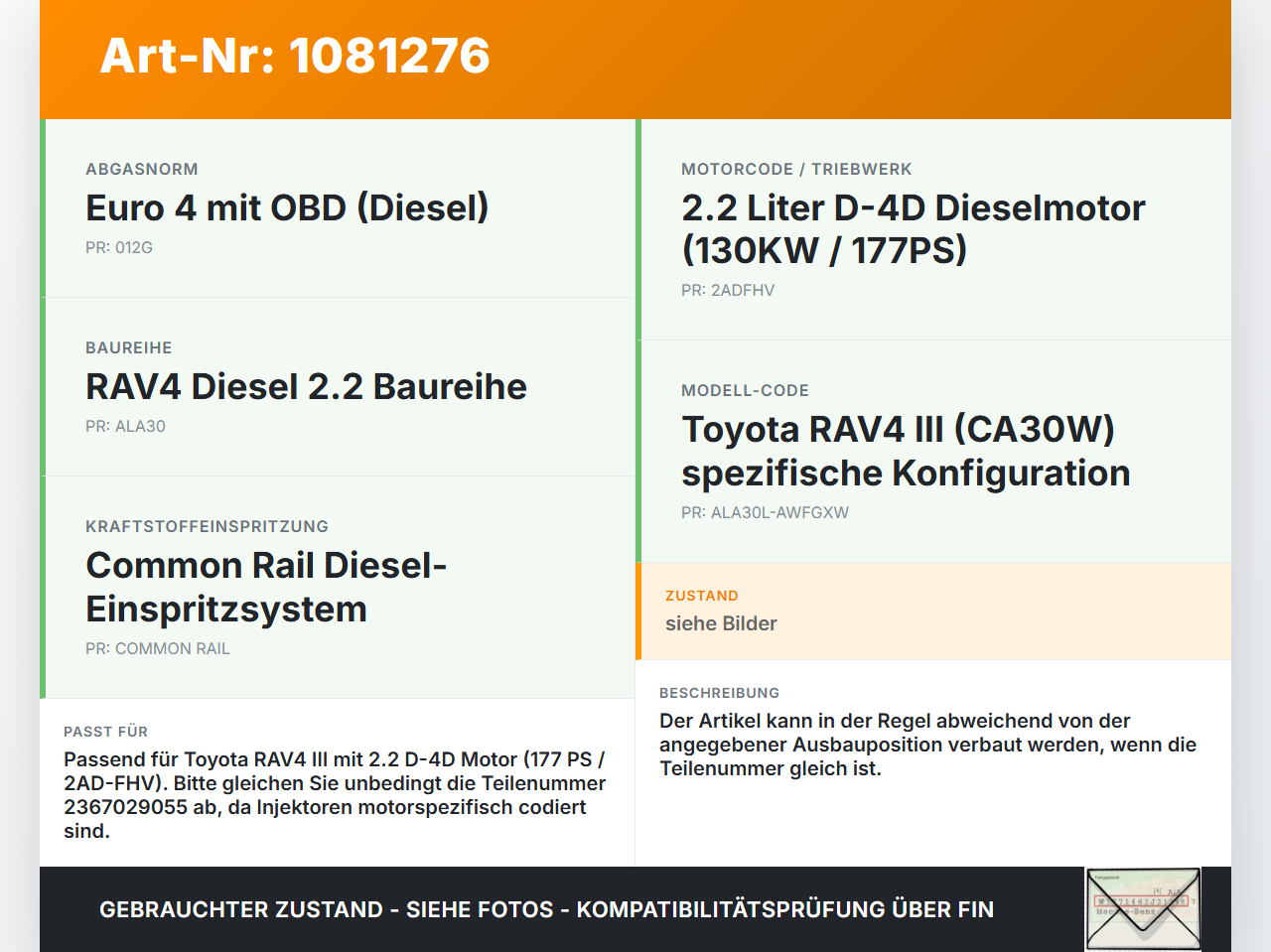 Toyota RAV4 III CA30W 06-13 D-4D 2,2 130KW Injektor Einspritzdüse Zyl.4 Toyota RAV4 III CA30W 06-13 13.11.2006... Vorschau 3