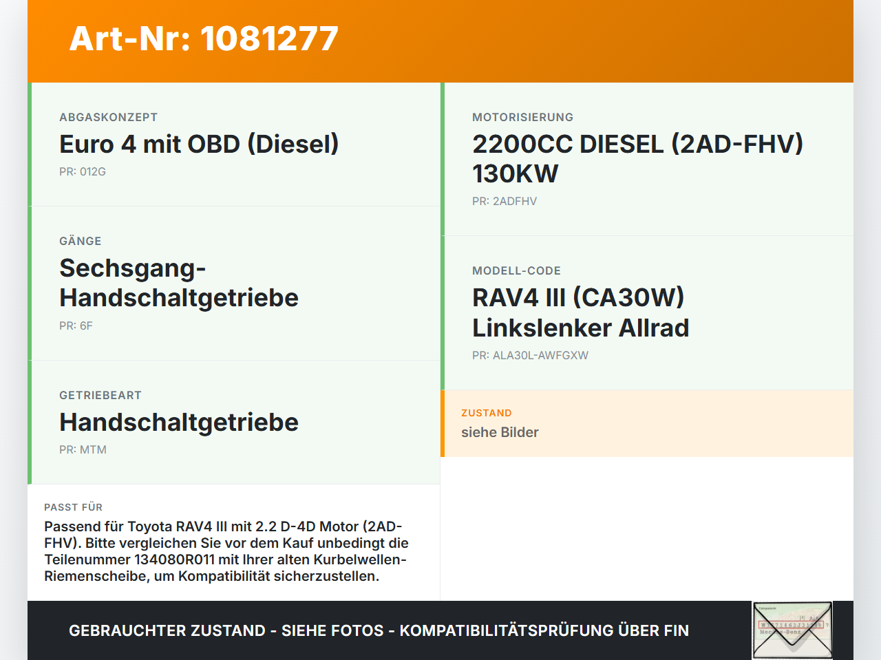 Toyota RAV4 III CA30W 06-13 D-4D 2,2 130KW 2AD-FHV Riemenscheibe Toyota RAV4 III CA30W 06-13 13.11.2006 134080R011... Vorschau 3
