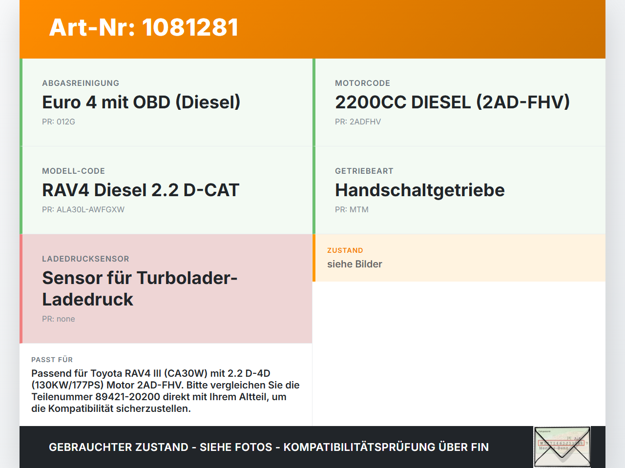 Toyota RAV4 III CA30W 06-13 D-4D 2,2 130KW Luftdruck MAP Sensor Toyota RAV4 III CA30W 06-13 13.11.2006 8942120200... Vorschau 3
