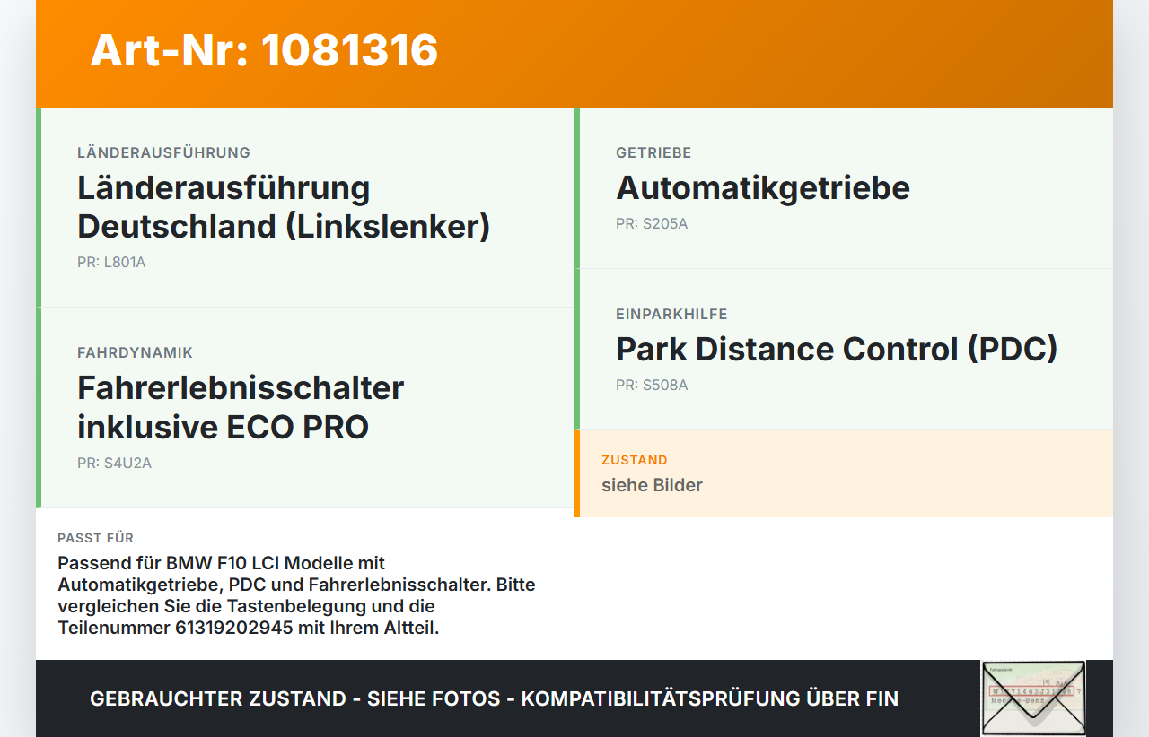 BMW 525d F10 13-17 Bedienteil Bedienelement Schalter Fahrmodus PDC ESP BMW 525d F10 13-17 27.02.2014 9202945... Vorschau 3