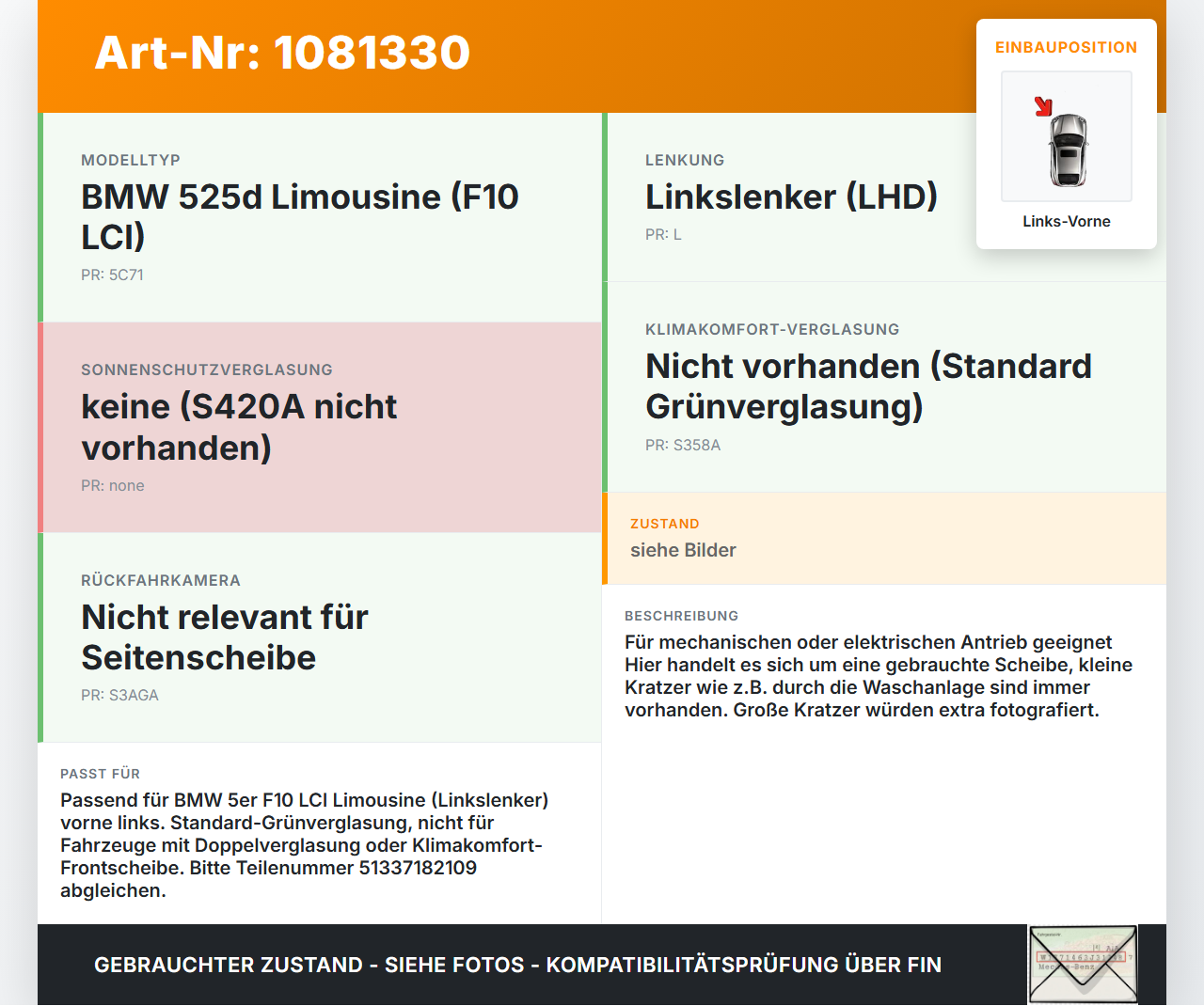 BMW 525d F10 13-17 Lim LVK Seitenscheibe für Tür Fenster Türscheibe Links Vorne BMW 525d F10 13-17 27.02.2014... Vorschau 3