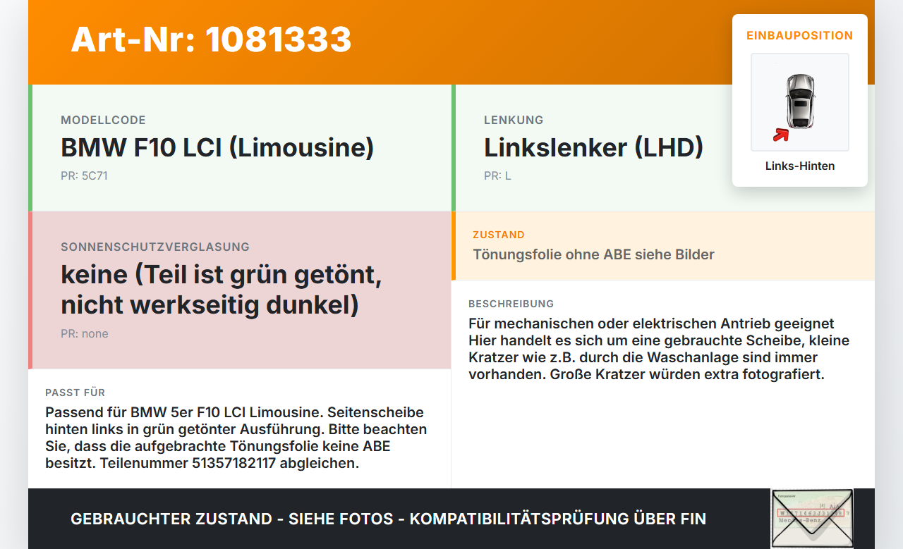 BMW 525d F10 13-17 Lim BMW 5er F10 520d LHK Seitenscheibe Tür Fenster Scheibe Links Hinten BMW 525d F10 13-17... Vorschau 3