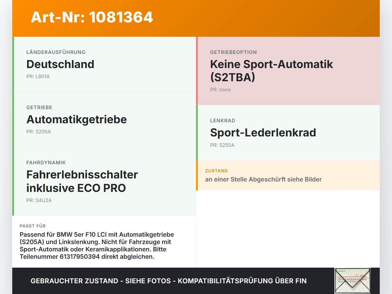 BMW 525d F10 13-17 2,0d 160KW Autom Schaltkulisse Schalthebel BMW 525d F10 13-17 27.02.2014 7950394 61317950394... Vorschau 3