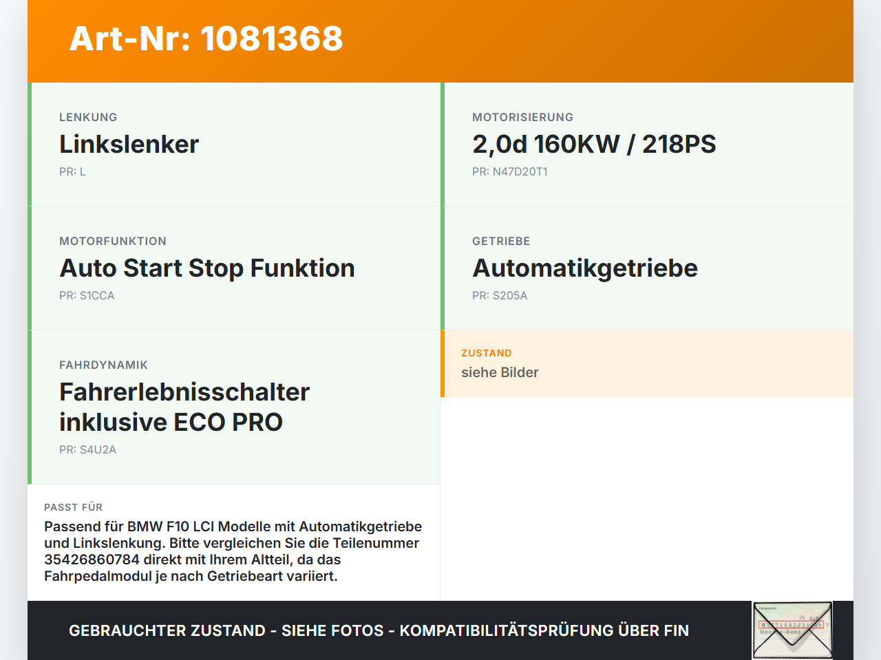BMW 525d F10 13-17 2,0d 160KW Gaswertgeber Gaspedal BMW 525d F10 13-17 27.02.2014 35426860784 6860784... Vorschau 3
