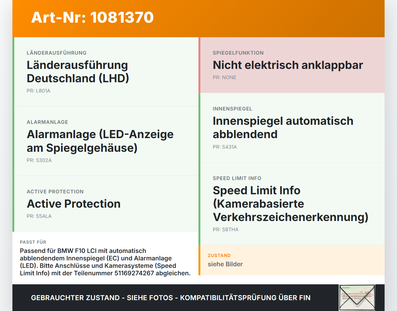 BMW 525d F10 13-17 Innenspiegel Rückspiegel Spiegel Innen BMW 525d F10 13-17 27.02.2014 9274267 51169274267... Vorschau 3