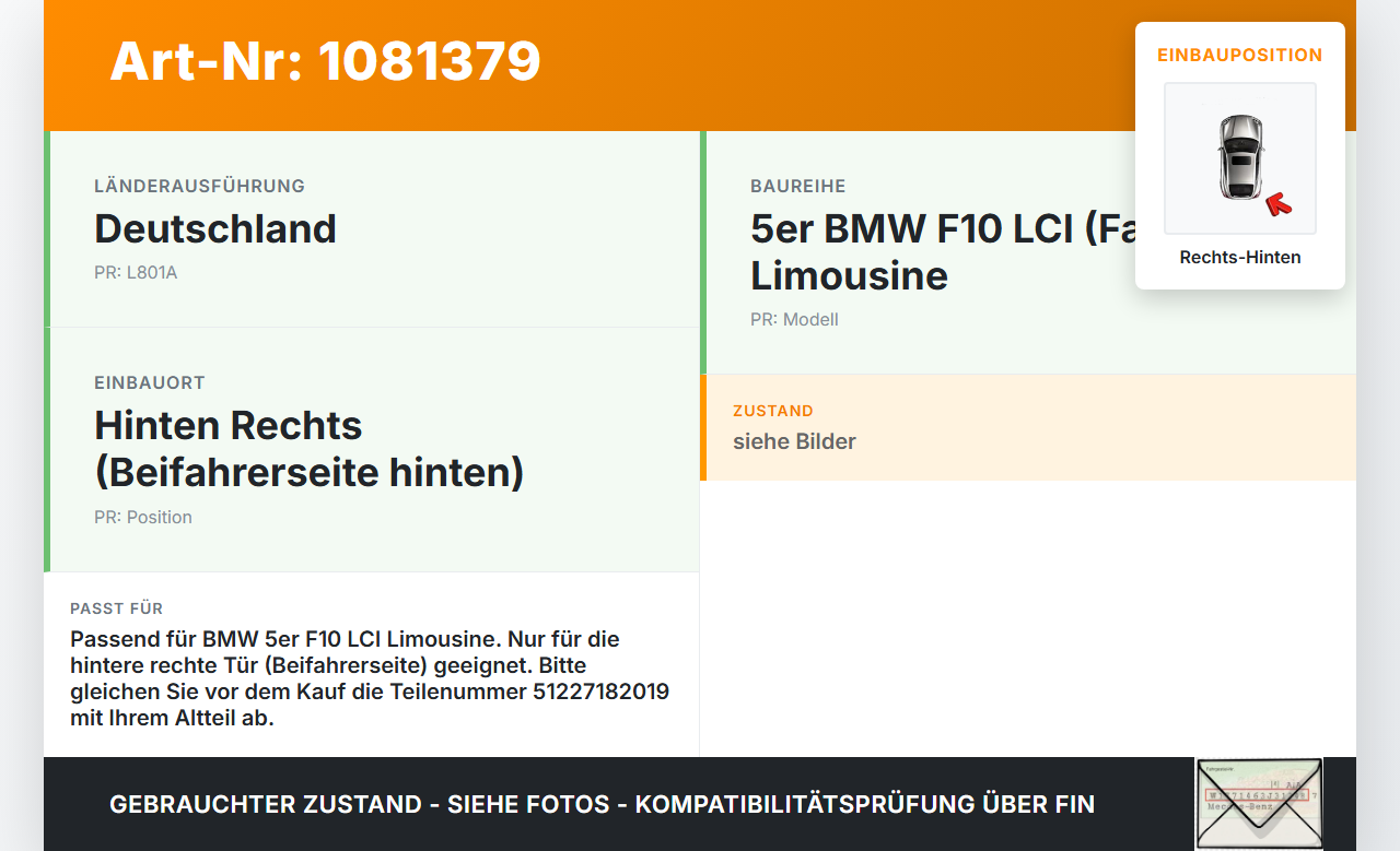 BMW 525d F10 13-17 Lim Türfangband Türbremse Türanschlag Rechts Hinten BMW 525d F10 13-17 27.02.2014 7182019... Vorschau 3