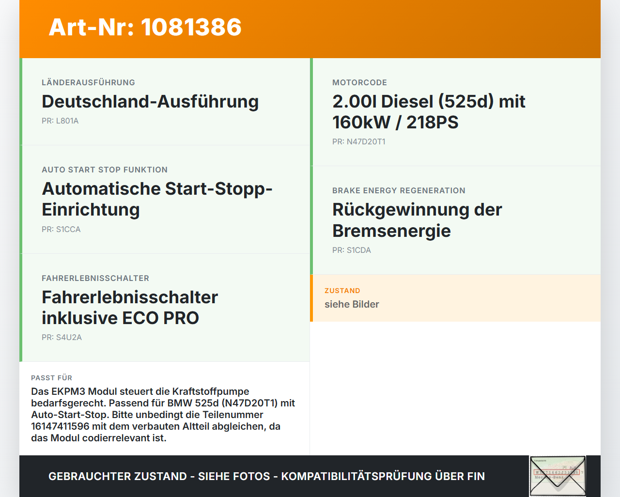 BMW 525d F10 13-17 Steuergerät Kraftstoffpumpe Benzinpumpe EKPM3 Modul BMW 525d F10 13-17 27.02.2014 7411596... Vorschau 3
