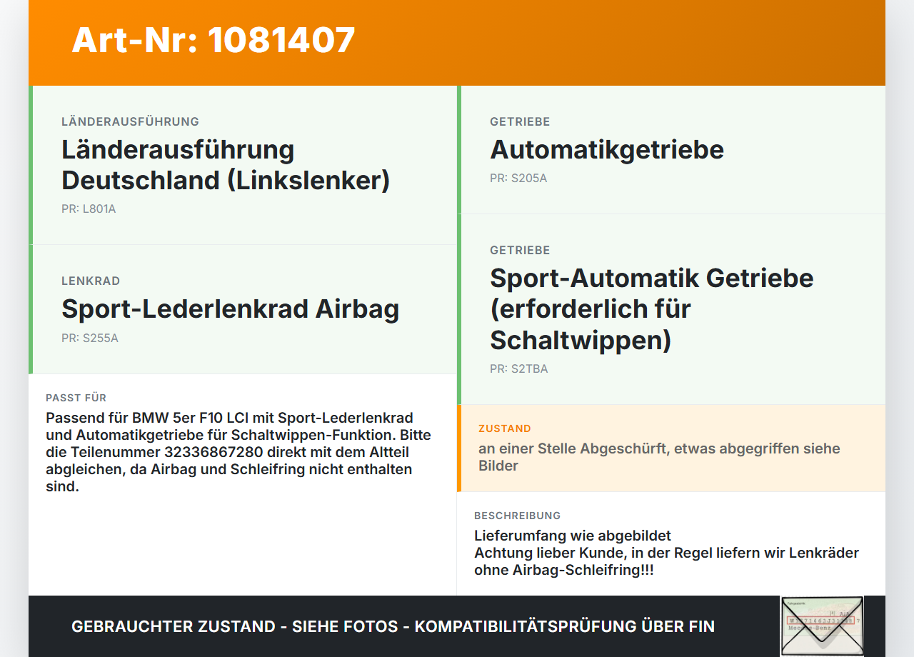 BMW 525d F10 13-17 Lenkrad ohne Airbag BMW 525d F10 13-17 27.02.2014 6867280 32336867280 gebraucht Vorschau 3