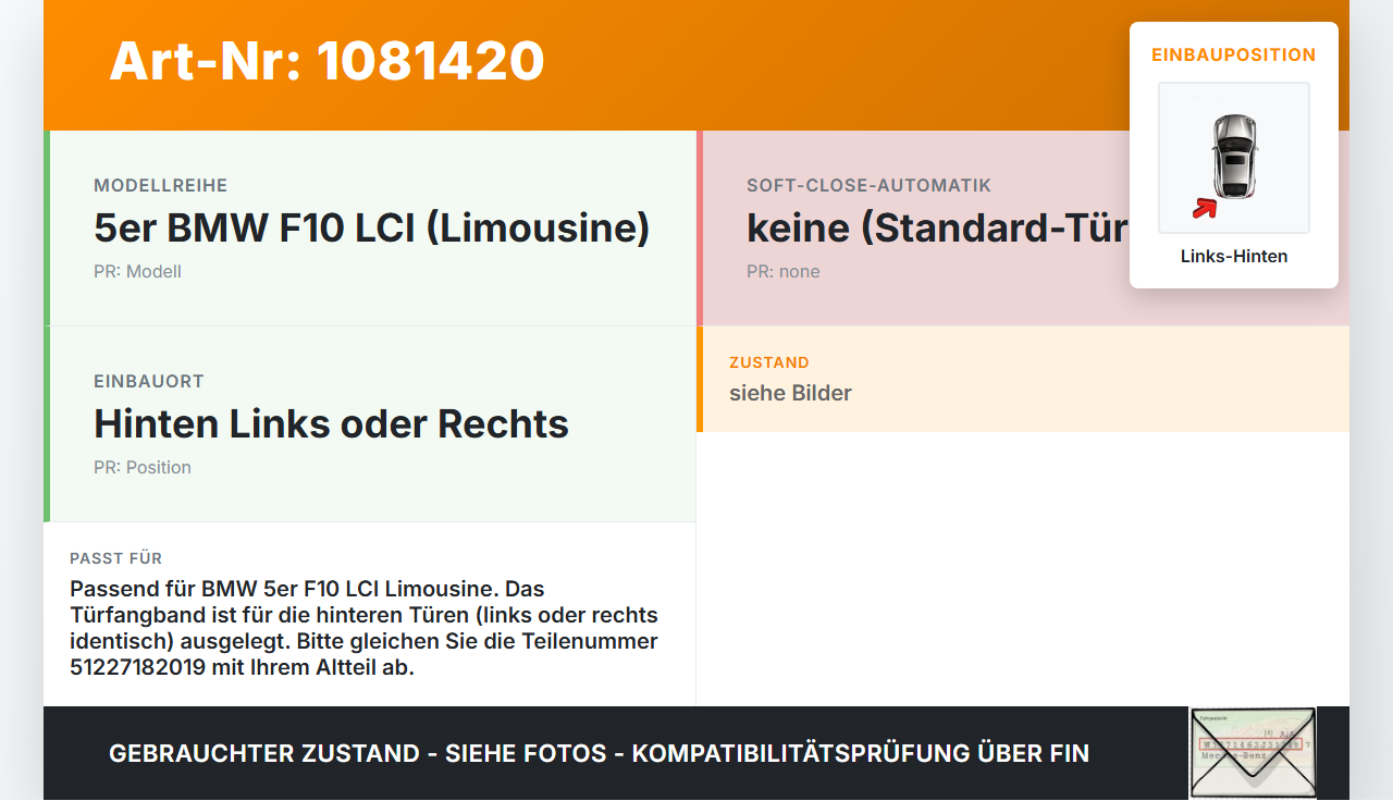 BMW 525d F10 13-17 Lim Türfangband Türbremse Türanschlag Links Hinten BMW 525d F10 13-17 27.02.2014 7182019... Vorschau 3