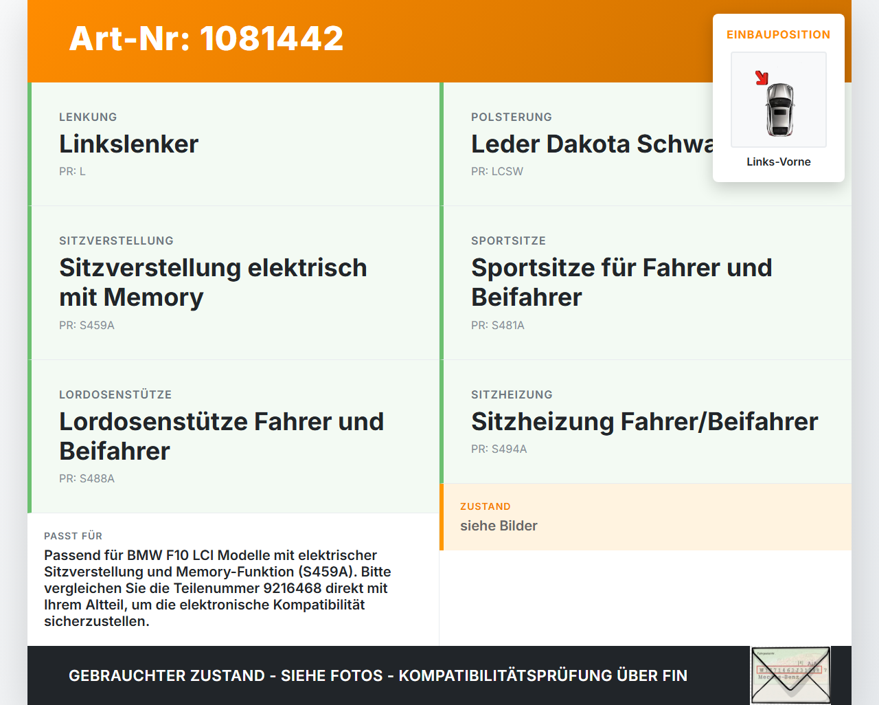 BMW 525d F10 13-17 Steuergerät SG Sitzmodul Links Vorne BMW 525d F10 13-17 27.02.2014 9216468 0784073... Vorschau 3