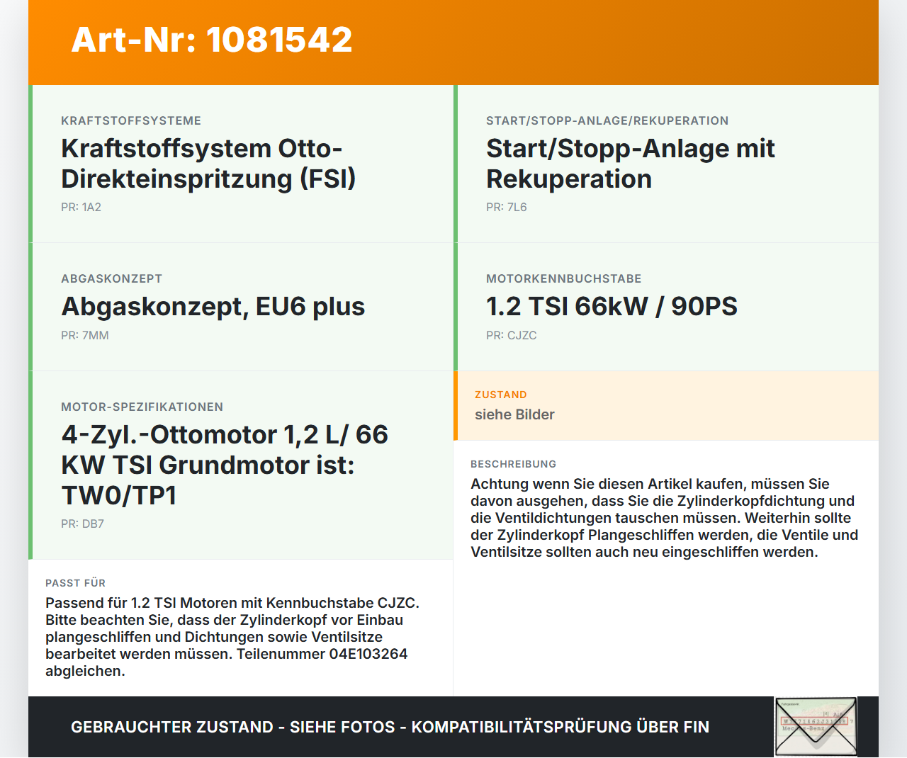 Skoda Fabia III NJ 14-18 TSI 1,2 66KW CJZC Zylinderkopf Skoda Fabia III NJ 14-18 22.01.2016 04E103264 gebraucht Vorschau 3