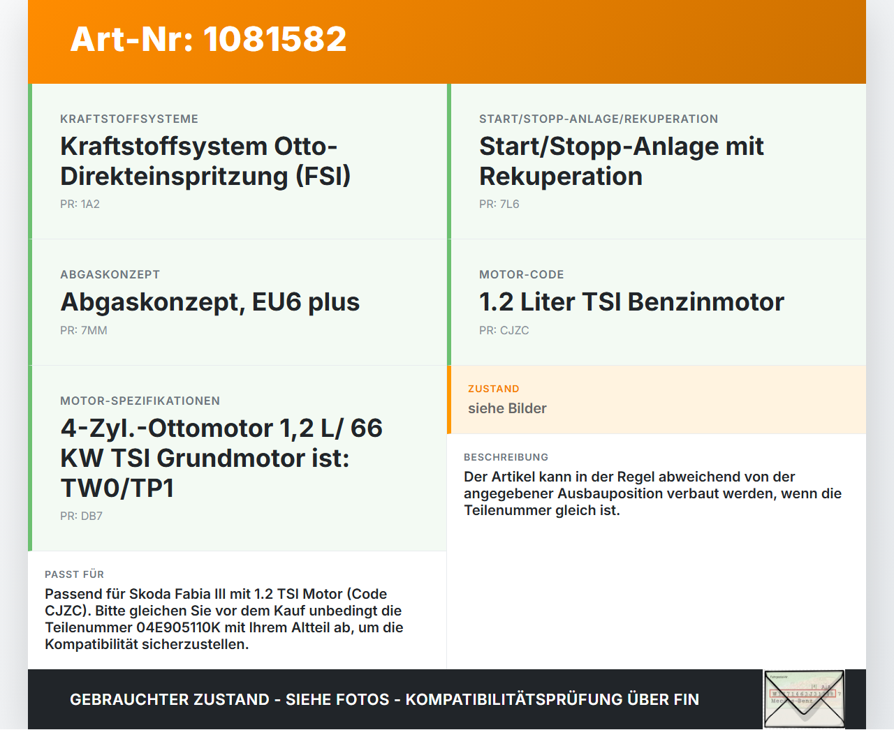 Skoda Fabia III NJ 14-18 TSI 1,2 66KW Zündspule Zyl.1 Skoda Fabia III NJ 14-18 22.01.2016 04E905110K 77300010 gebraucht Vorschau 3