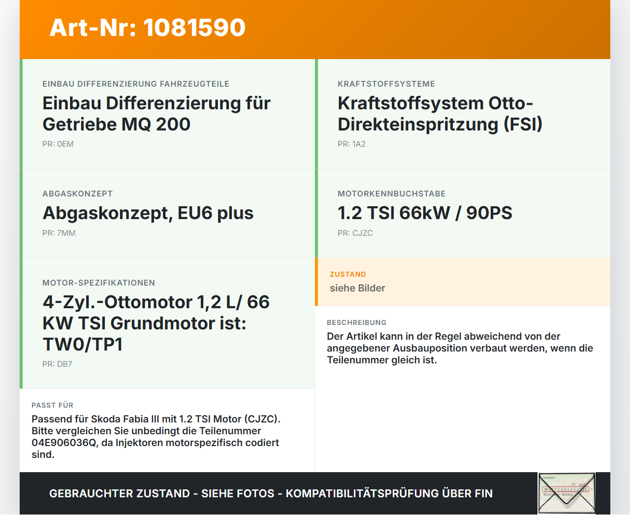 Skoda Fabia III NJ 14-18 TSI 1,2 66KW Injektor Einspritzdüse Zyl.2 Skoda Fabia III NJ 14-18 22.01.2016 04E906036Q... Vorschau 3