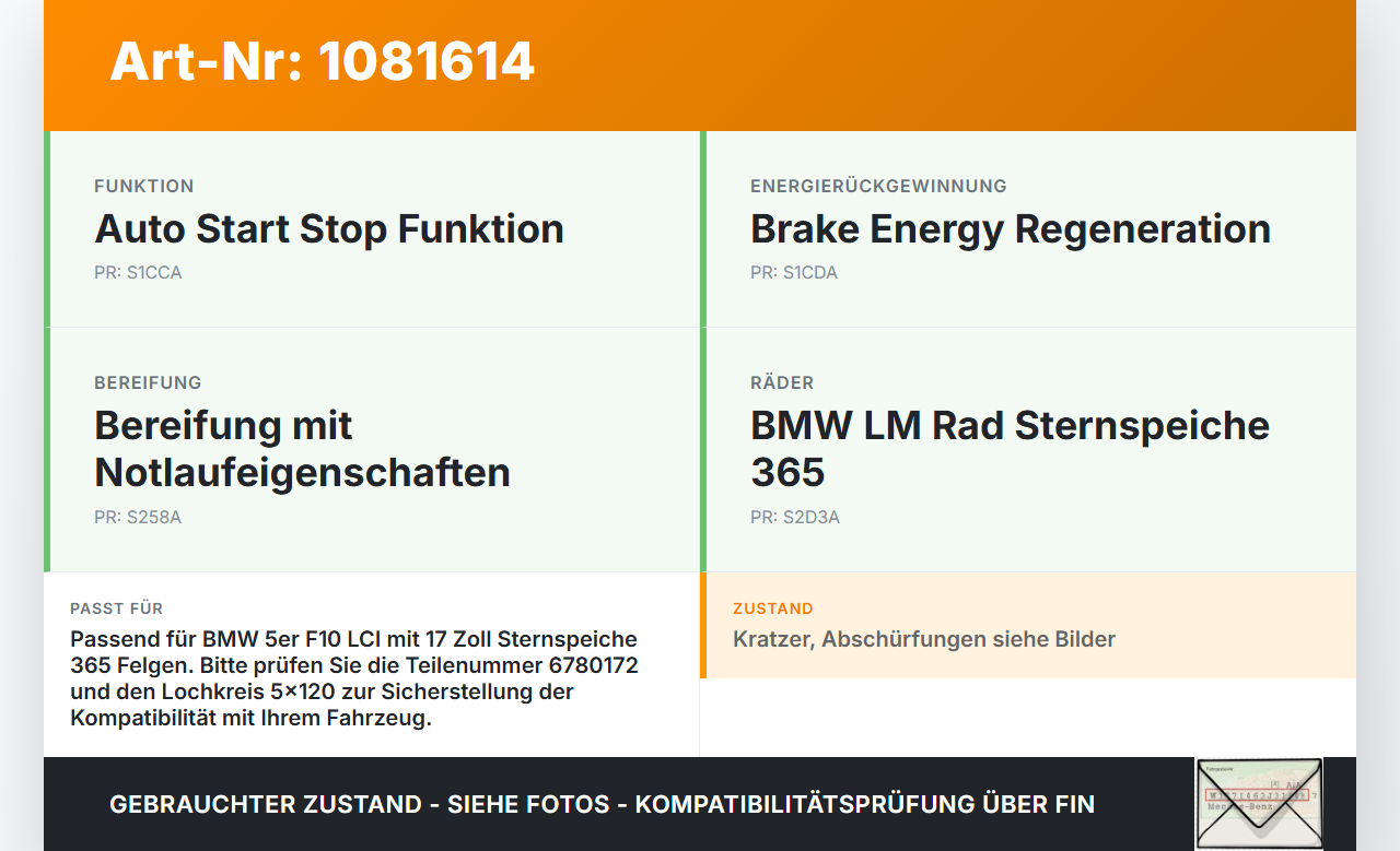 BMW 525d F10 13-17 1 x Felge Aluminiumfelge 17 Zoll 5X120 BMW 525d F10 13-17 27.02.2014 6780172 gebraucht Vorschau 3