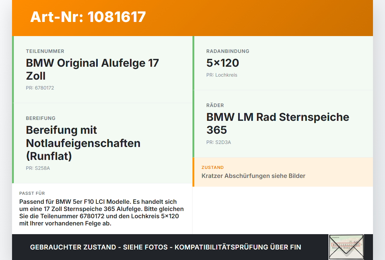 BMW 525d F10 13-17 1 x Felge Aluminiumfelge 17 Zoll 5X120 BMW 525d F10 13-17 27.02.2014 6780172 gebraucht Vorschau 3