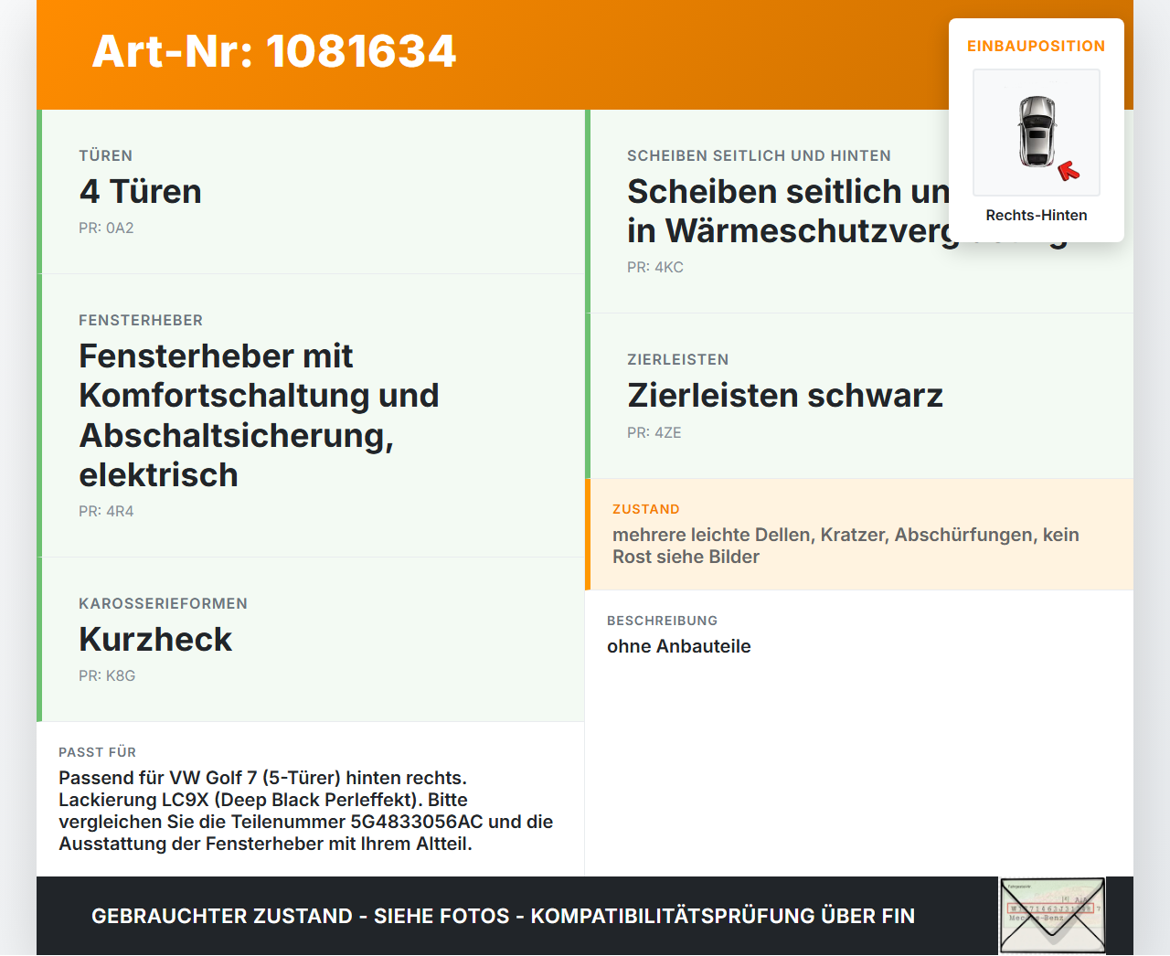 VW Golf 7 VII 5G 12-17 5T Tür Rechts Hinten LC9X VW Golf 7 VII 5G 12-17 06.05.2013 5G4833056AC gebraucht Vorschau 3