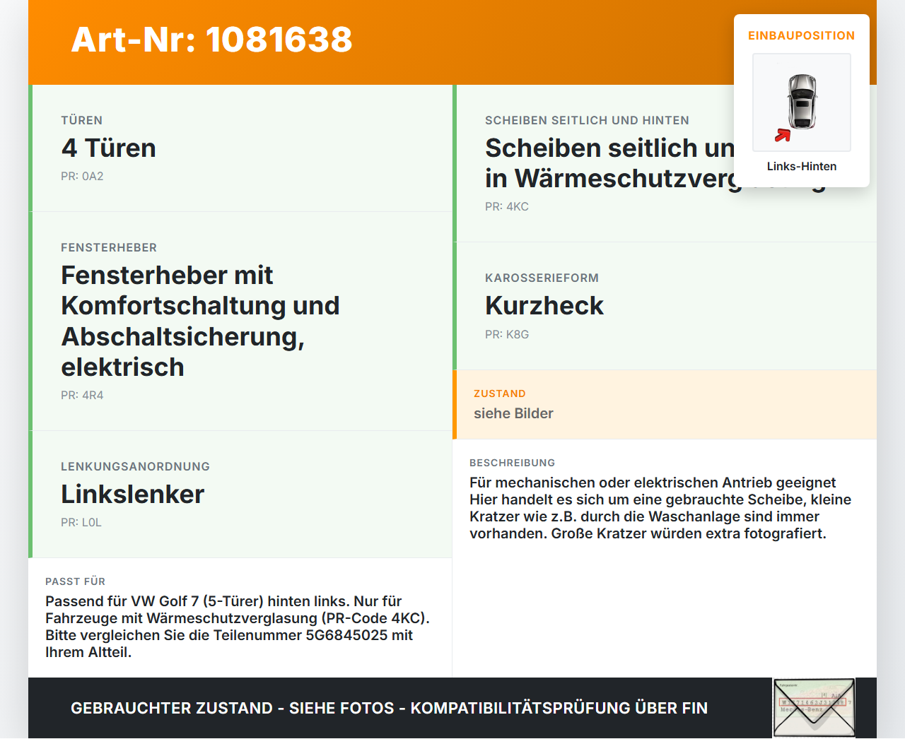 VW Golf 7 VII 5G 12-17 5T Seitenscheibe LHK für Türscheibe Fenster Links Hinten VW Golf 7 VII 5G 12-17 06.05.2013... Vorschau 3