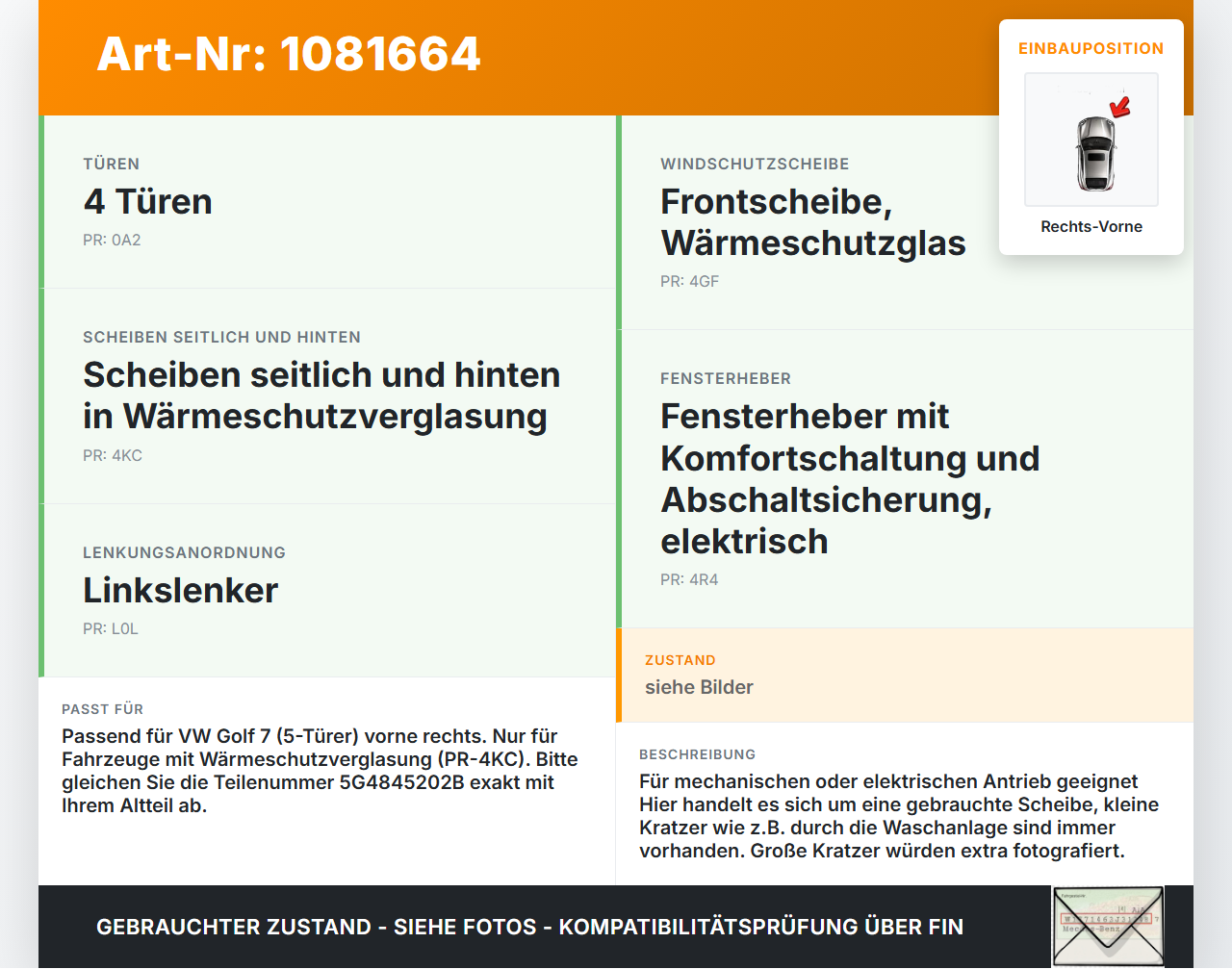 VW Golf 7 VII 5G 12-17 5T RVK Seitenscheibe für Tür Türscheibe Rechts Vorne VW Golf 7 VII 5G 12-17 06.05.2013... Vorschau 3