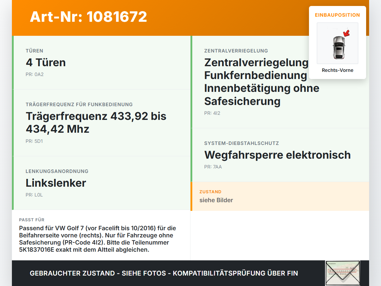 VW Golf 7 VII 5G 12-17 5T Türschloss m. ZV Stellmotor Rechts Vorne VW Golf 7 VII 5G 12-17 06.05.2013 5K1837016E... Vorschau 3