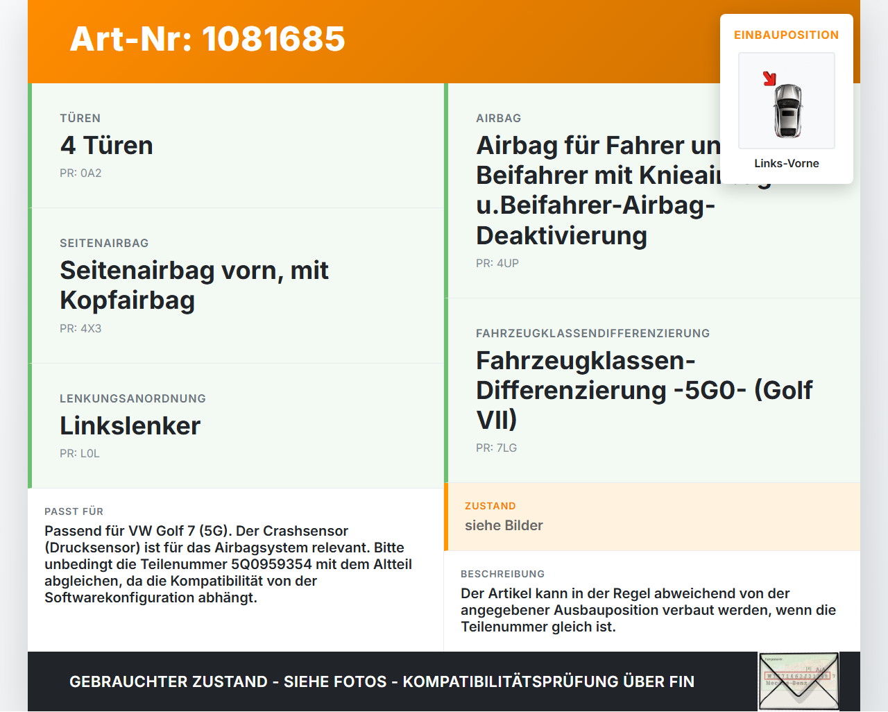 VW Golf 7 VII 5G 12-17 Sensor für Airbag Crashsensor Airbagsensor Links Vorne VW Golf 7 VII 5G 12-17 06.05.2013... Vorschau 3
