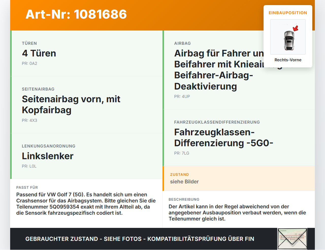 VW Golf 7 VII 5G 12-17 Sensor für Airbag Crashsensor Airbagsensor Rechts Vorne VW Golf 7 VII 5G 12-17 06.05.2013... Vorschau 3