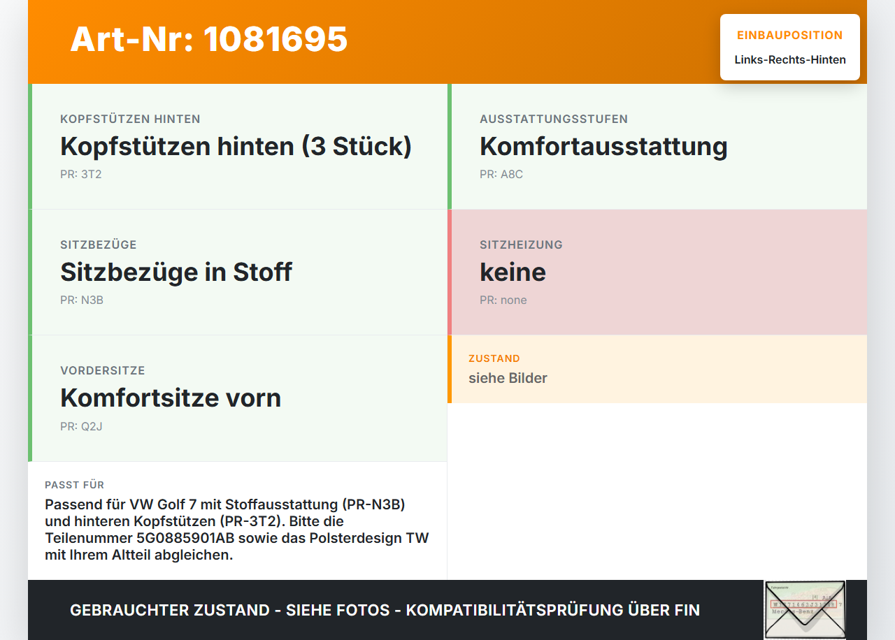 VW Golf 7 VII 5G 12-17 Kopfstütze Rechts oder Links Hinten VW Golf 7 VII 5G 12-17 06.05.2013 5G0885901AB gebraucht Vorschau 3