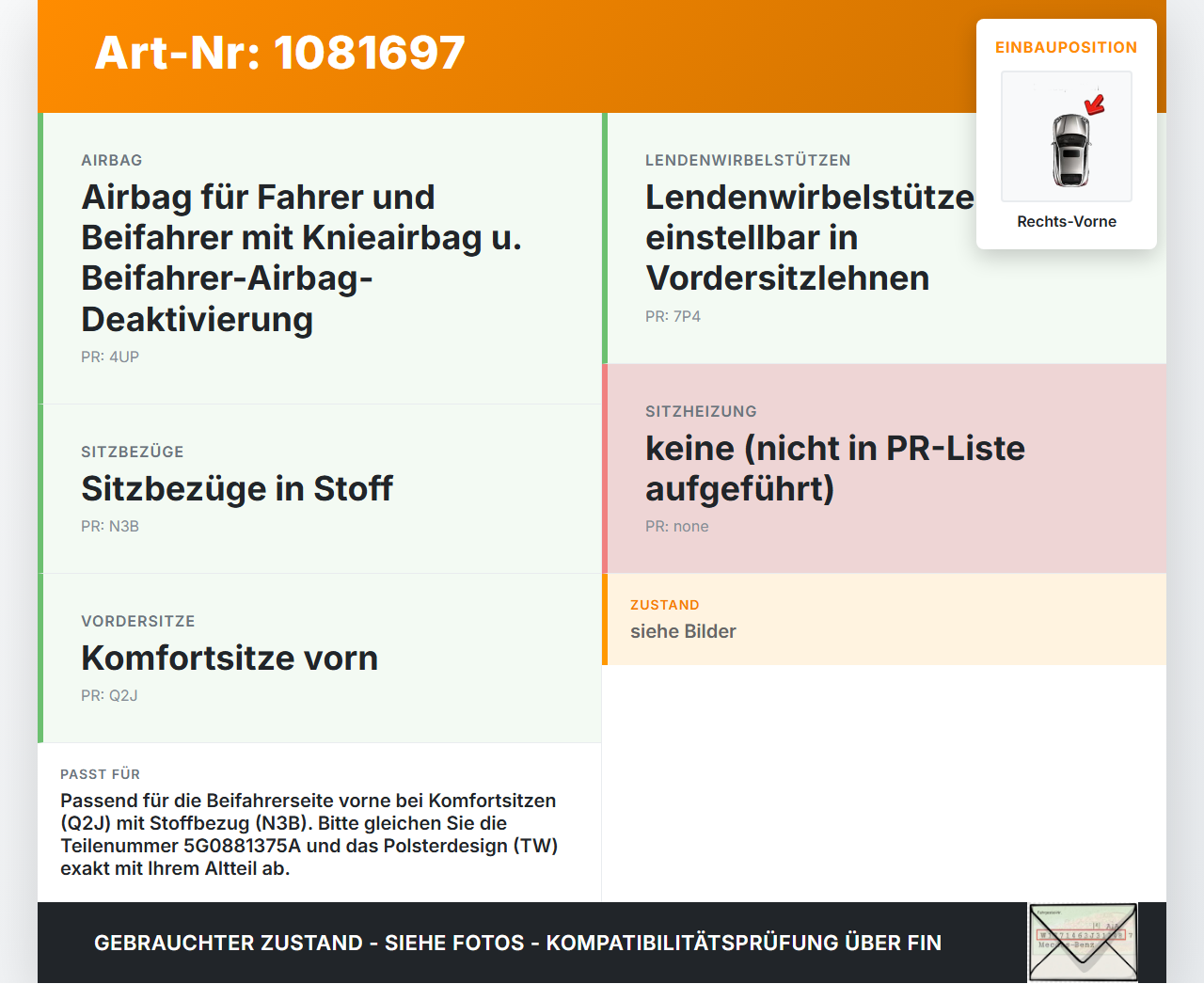 VW Golf 7 VII 5G 12-17 5T Sitzbezug Sitzpolster für Beifahrersitz Rechts Vorne VW Golf 7 VII 5G 12-17 06.05.2013... Vorschau 3
