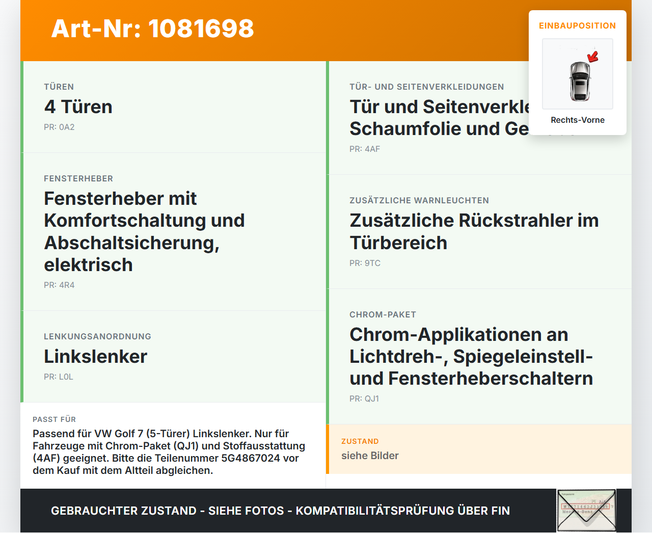 VW Golf 7 VII 5G 12-17 5T Türverkleidung Türpappe Rechts Vorne VW Golf 7 VII 5G 12-17 06.05.2013 5G4867024 gebraucht Vorschau 3