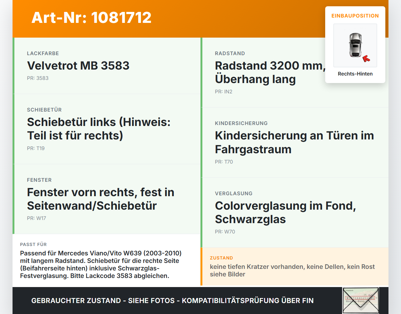 Mercedes Viano Vito W639 03-10 Tür Rechts Hinten Schiebetür Mercedes Viano Vito W639 03-10 01.07.2004 gebraucht Vorschau 3