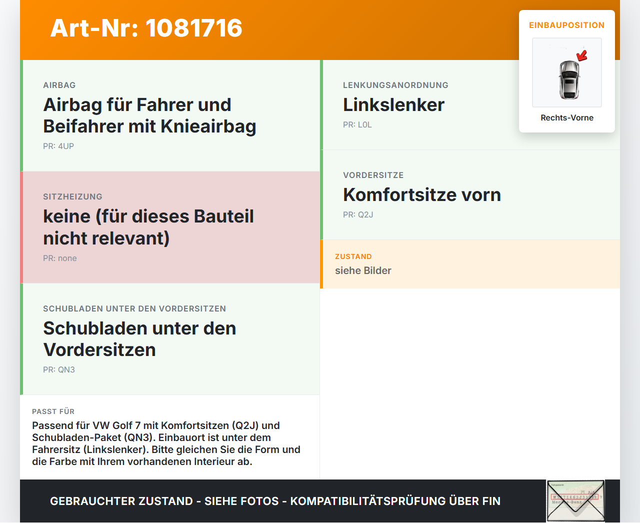 VW Golf 7 VII 5G 12-17 5T Ablagefach Staufach Fach Schublade für Unter Fahrer Sitz Rechts Vorne VW Golf 7 VII 5G... Vorschau 3