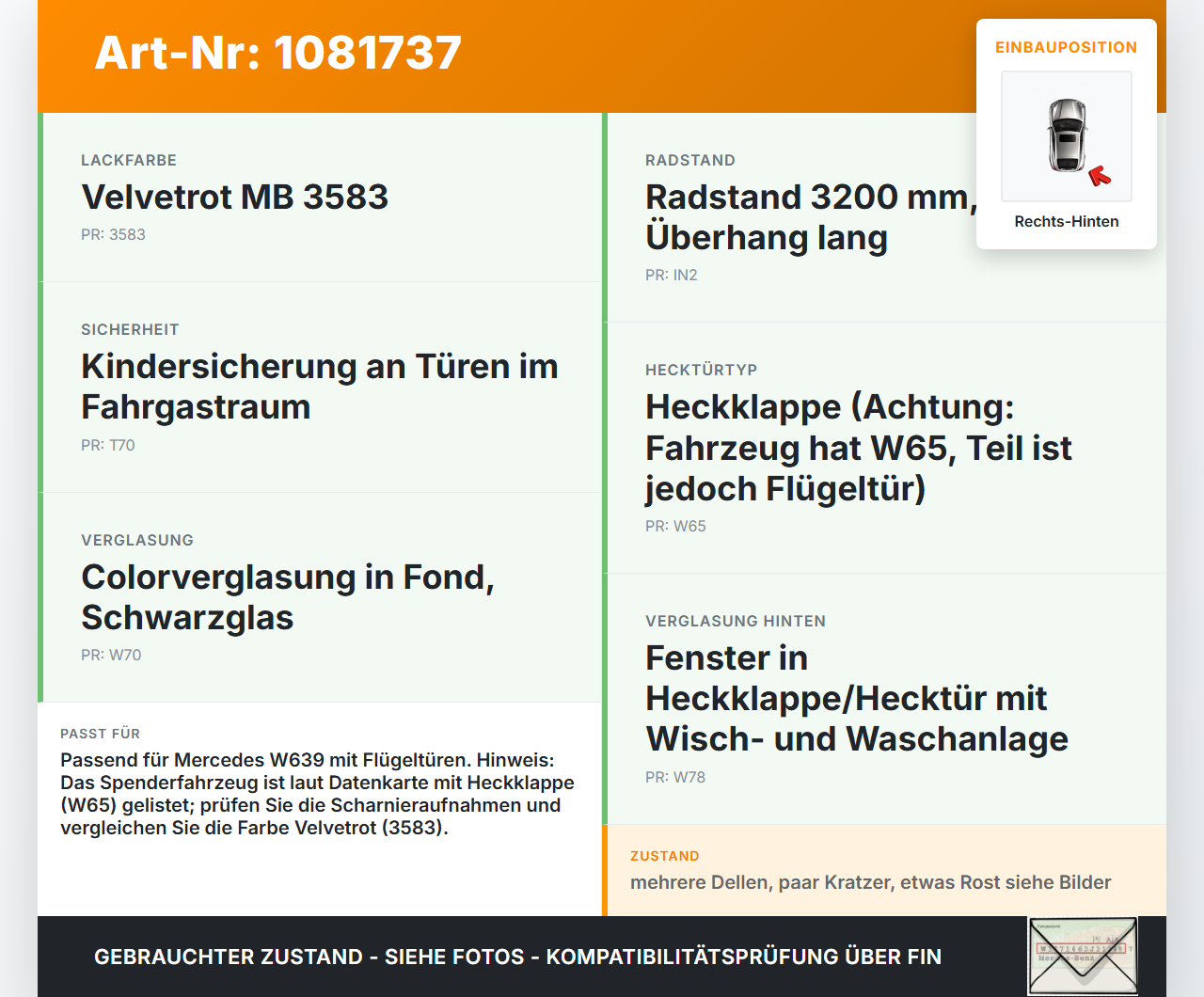 Mercedes Viano Vito W639 03-10 Tür Flügeltür Hecktür Rechts Hinten 3583 Mercedes Viano Vito W639 03-10 01.07.2004... Vorschau 3