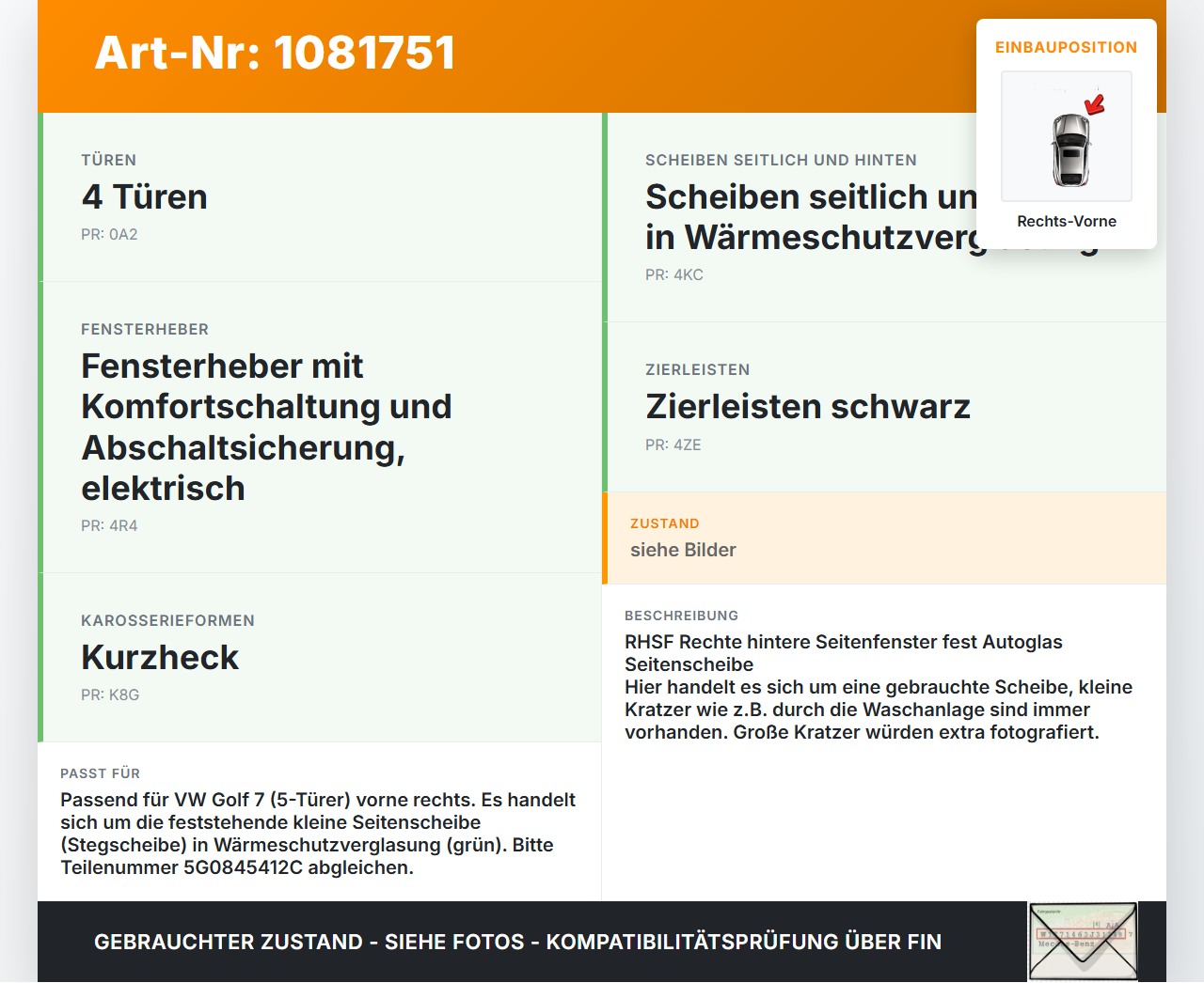 VW Golf 7 VII 5G 12-17 5T Seitenscheibe Feste Scheibe Tür Vorne Rechts VW Golf 7 VII 5G 12-17 06.05.2013 5G0845412C... Vorschau 3