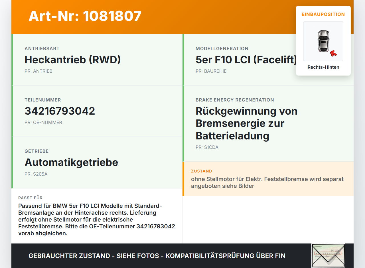 BMW 525d F10 13-17 2,0d 160KW Bremssattel Bremszange Hinten Rechts BMW 525d F10 13-17 27.02.2014 6793042... Vorschau 3