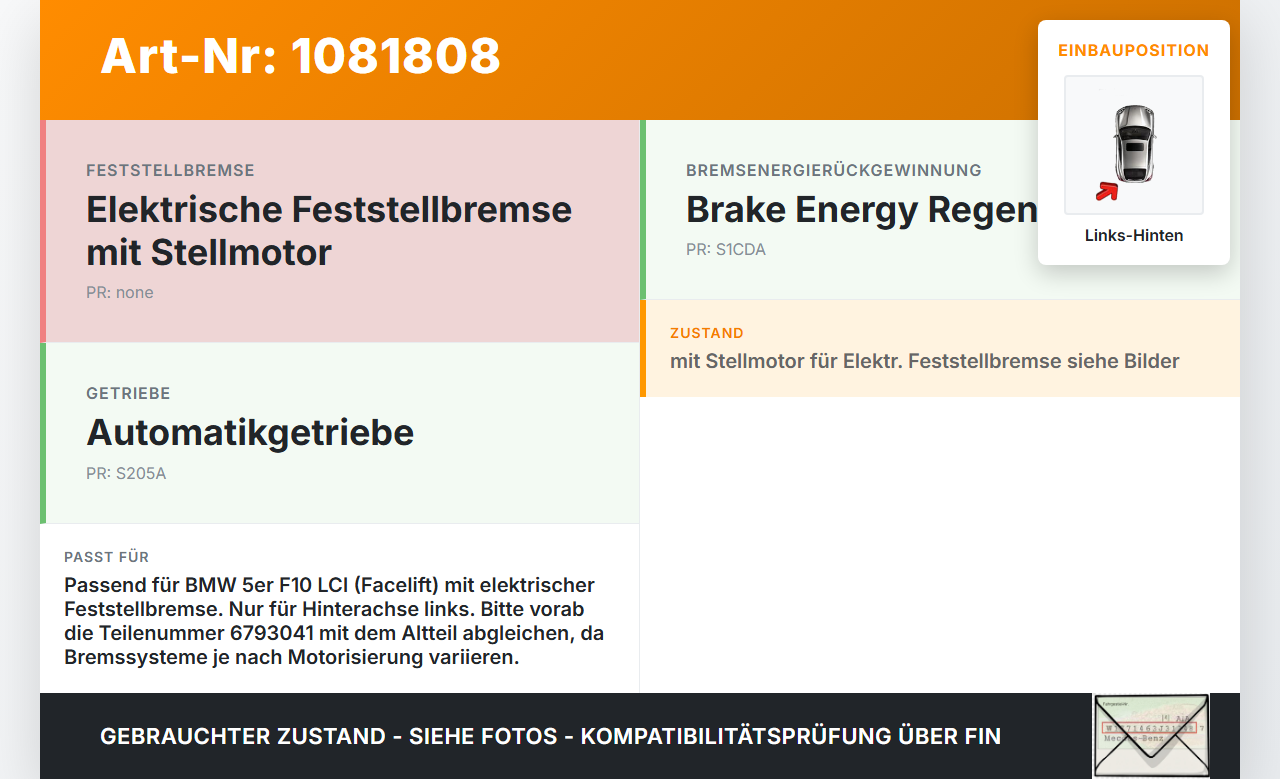 BMW 525d F10 13-17 2,0d 160KW Bremssattel Bremszange Hinten Links BMW 525d F10 13-17 27.02.2014 6793041 34216793041... Vorschau 3