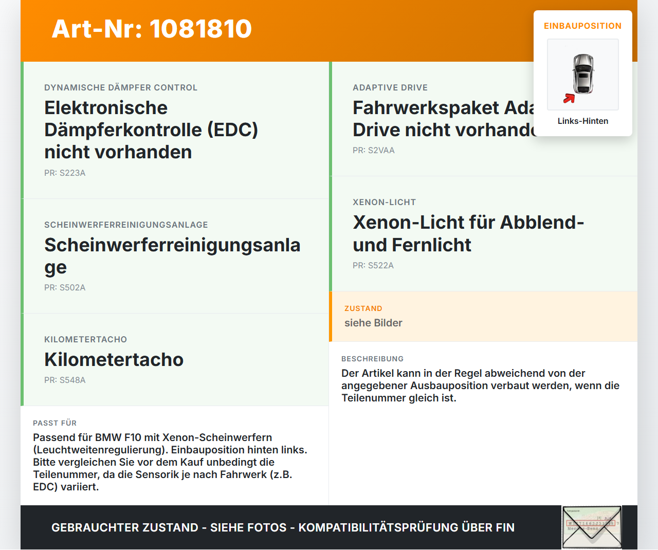 BMW 525d F10 13-17 Niveausensor Leuchtweitenregulierung Hinten Links BMW 525d F10 13-17 27.02.2014 37146861351... Vorschau 3