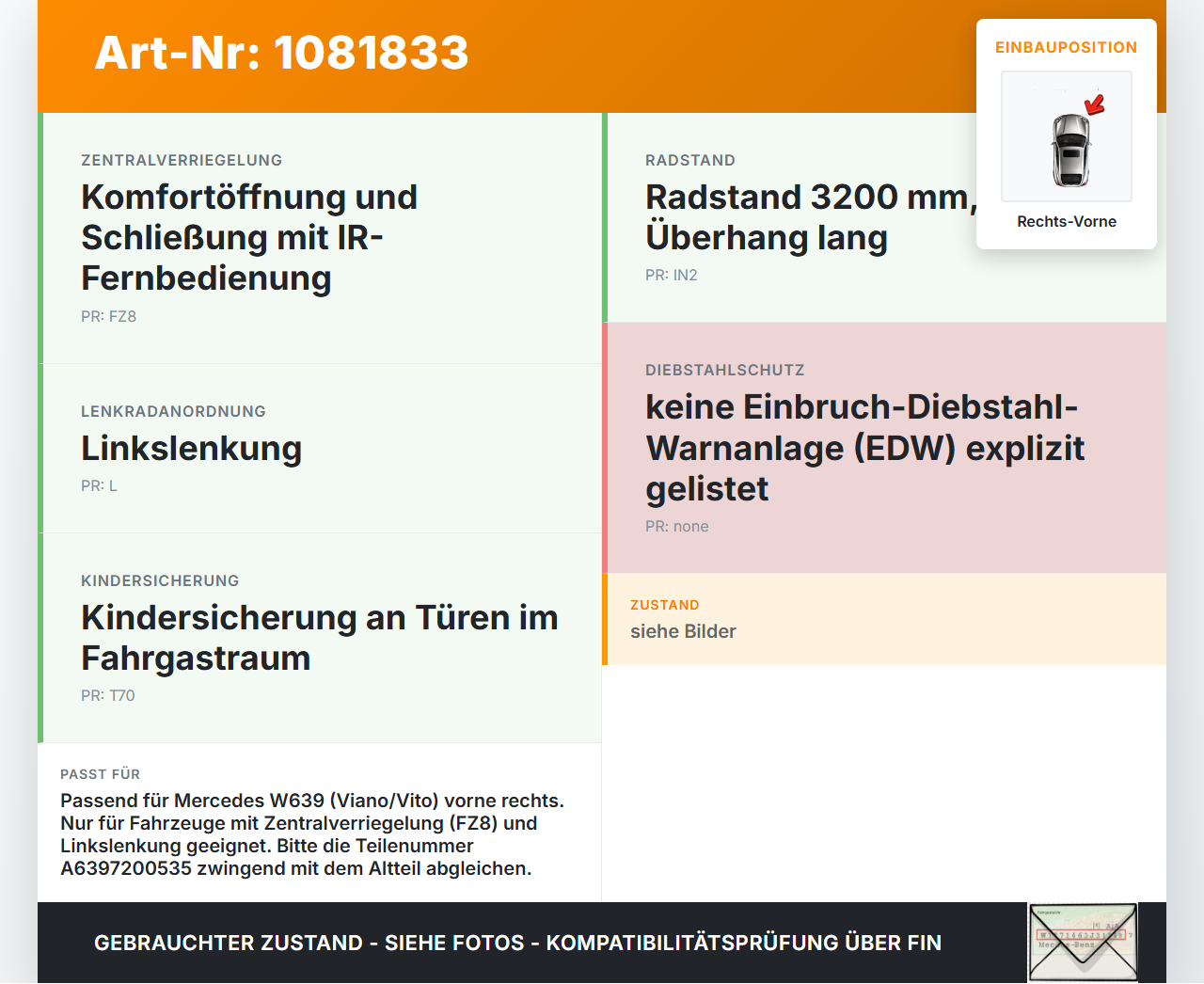 Mercedes Viano Vito W639 03-10 Türschloss m. ZV Stellmotor Rechts Vorne Mercedes Viano Vito W639 03-10 01.07.2004... Vorschau 3