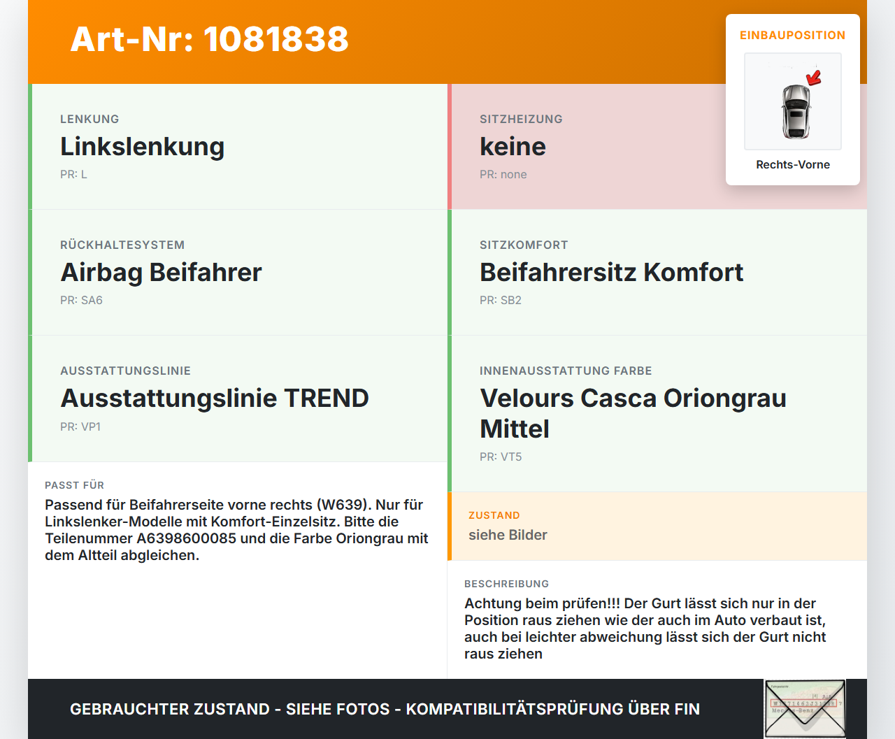 Mercedes Viano Vito W639 03-10 Gurt Sicherheitsgurt Gurtstraffer Beifahrer Rechts Vorne Mercedes Viano Vito W639... Vorschau 3