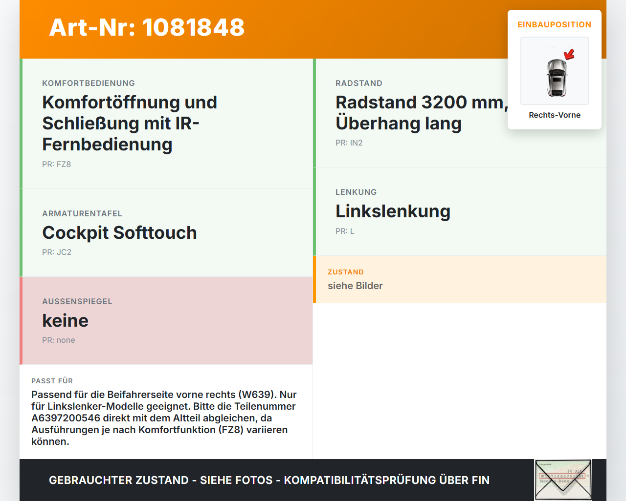 Mercedes Viano Vito W639 03-10 Fensterheber o. FH-Motor Rechts Vorne Mercedes Viano Vito W639 03-10 01.07.2004... Vorschau 3