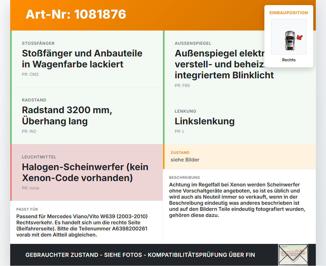 Mercedes Viano Vito W639 03-10 Scheinwerfer Frontscheinwerfer Rechts orig. Mercedes Viano Vito W639 03-10... Vorschau 3