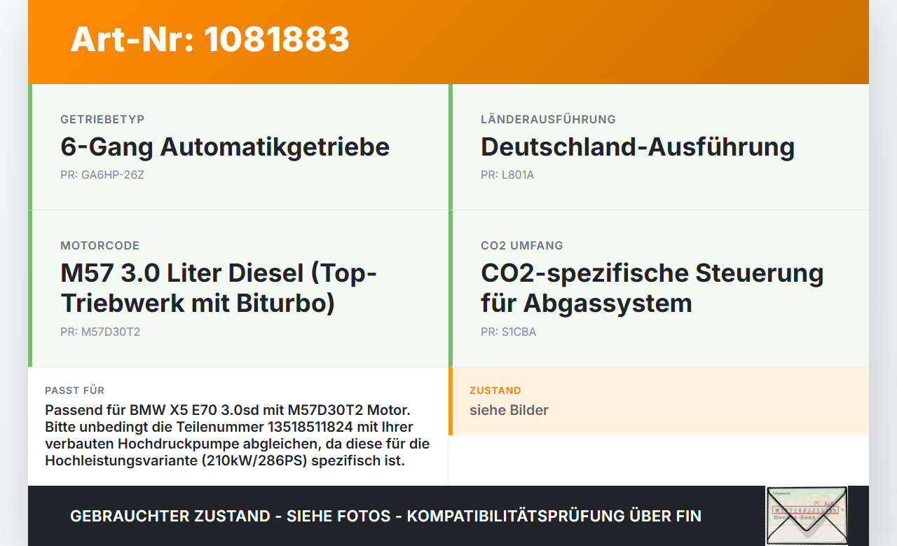 BMW X5 E70 07-10 3,0d 210KW Einspritzpumpe Hochdruckpumpe BMW X5 E70 07-10 01.10.2008 8511824 13518511824 7798333... Vorschau 3