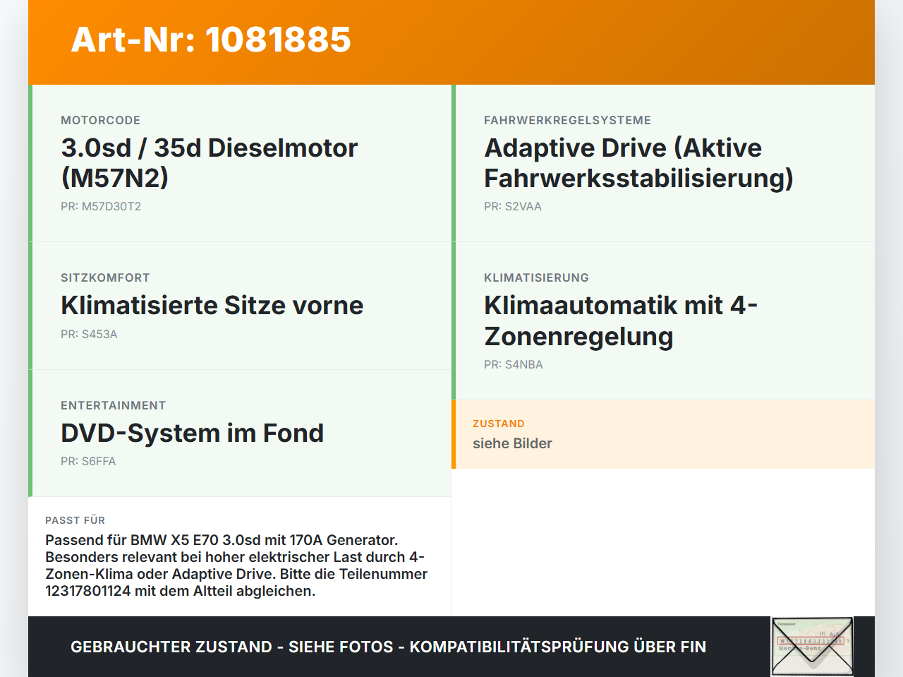 BMW X5 E70 07-10 3,0d 210KW Lichtmaschine Generator 170A 14V BMW X5 E70 07-10 01.10.2008 12317801124 7801124... Vorschau 3