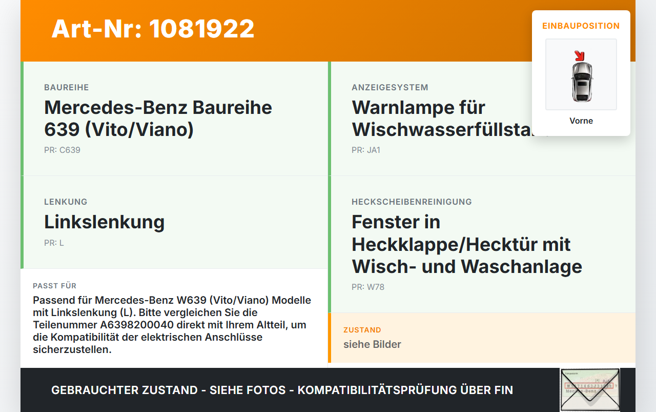 Mercedes Viano Vito W639 03-10 Wischermotor Vorne Mercedes Viano Vito W639 03-10 01.07.2004 A6398200040 6398200040... Vorschau 3